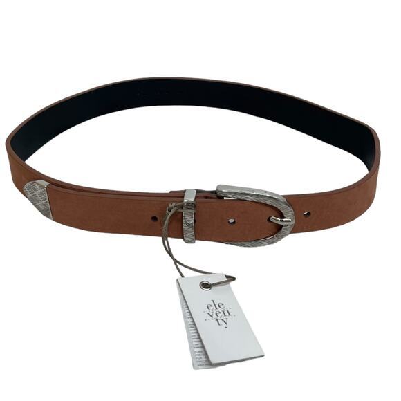 Eleventy Belt Tan Leather Silver Etched Hardware Size 80cm NEW - Picture 1 of 6